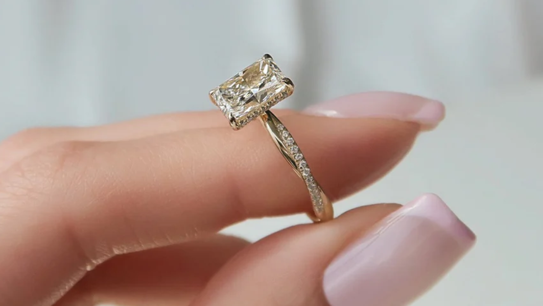 radiant cut moissanite ring hidden halo