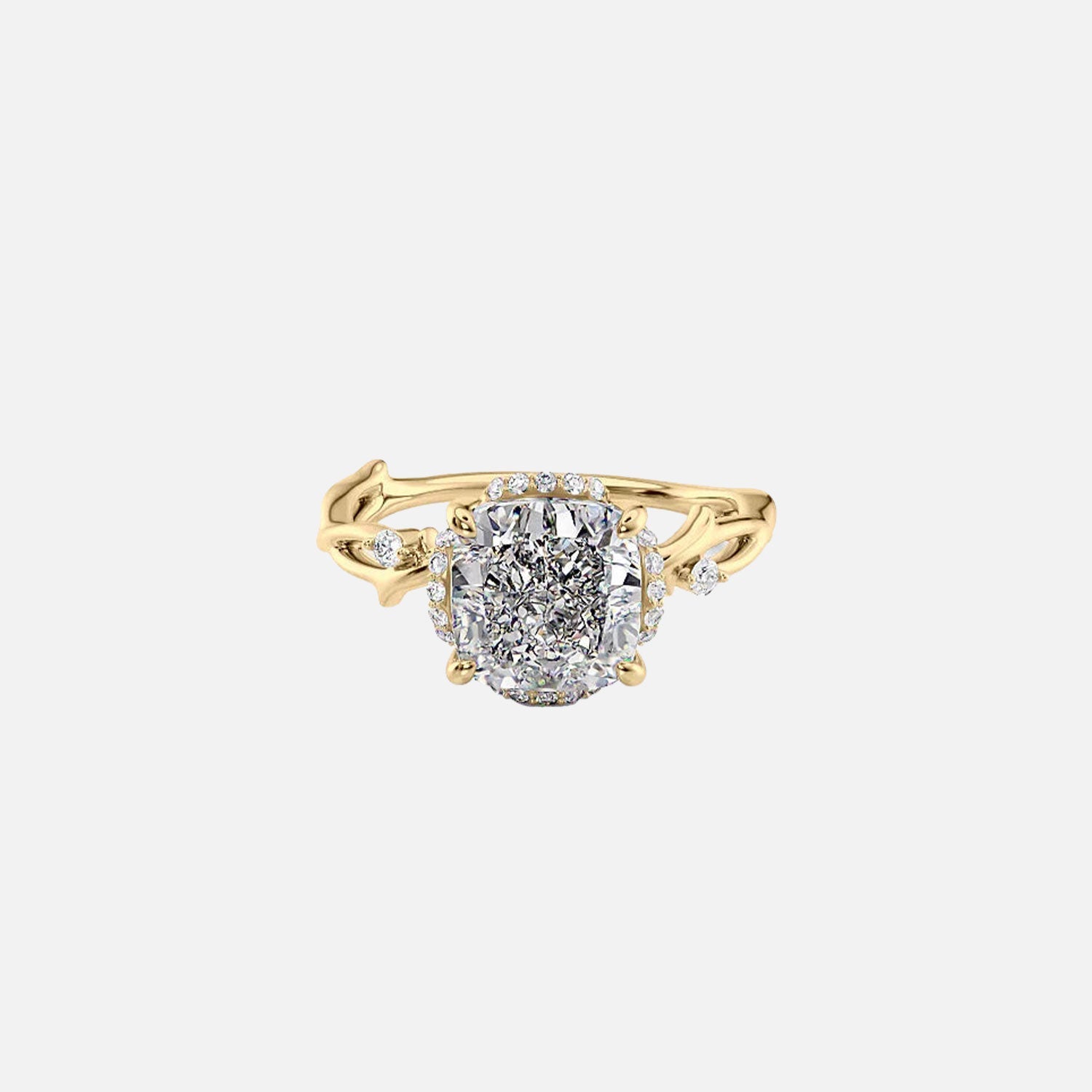 The Halo Twig Cushion Moissanite Ring 14k Yellow Gold 001