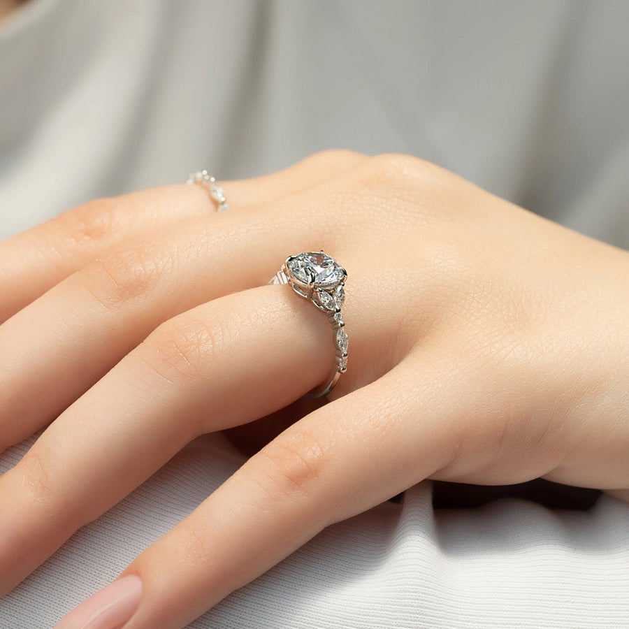  The Marquise Chelsea Round Moissanite Ring 18k White Gold 003