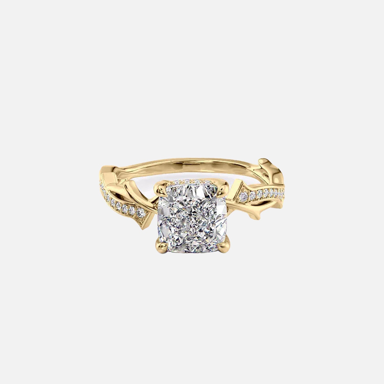 The Pave Twig Cushion Lab Diamond Ring 14k Yellow Gold 001