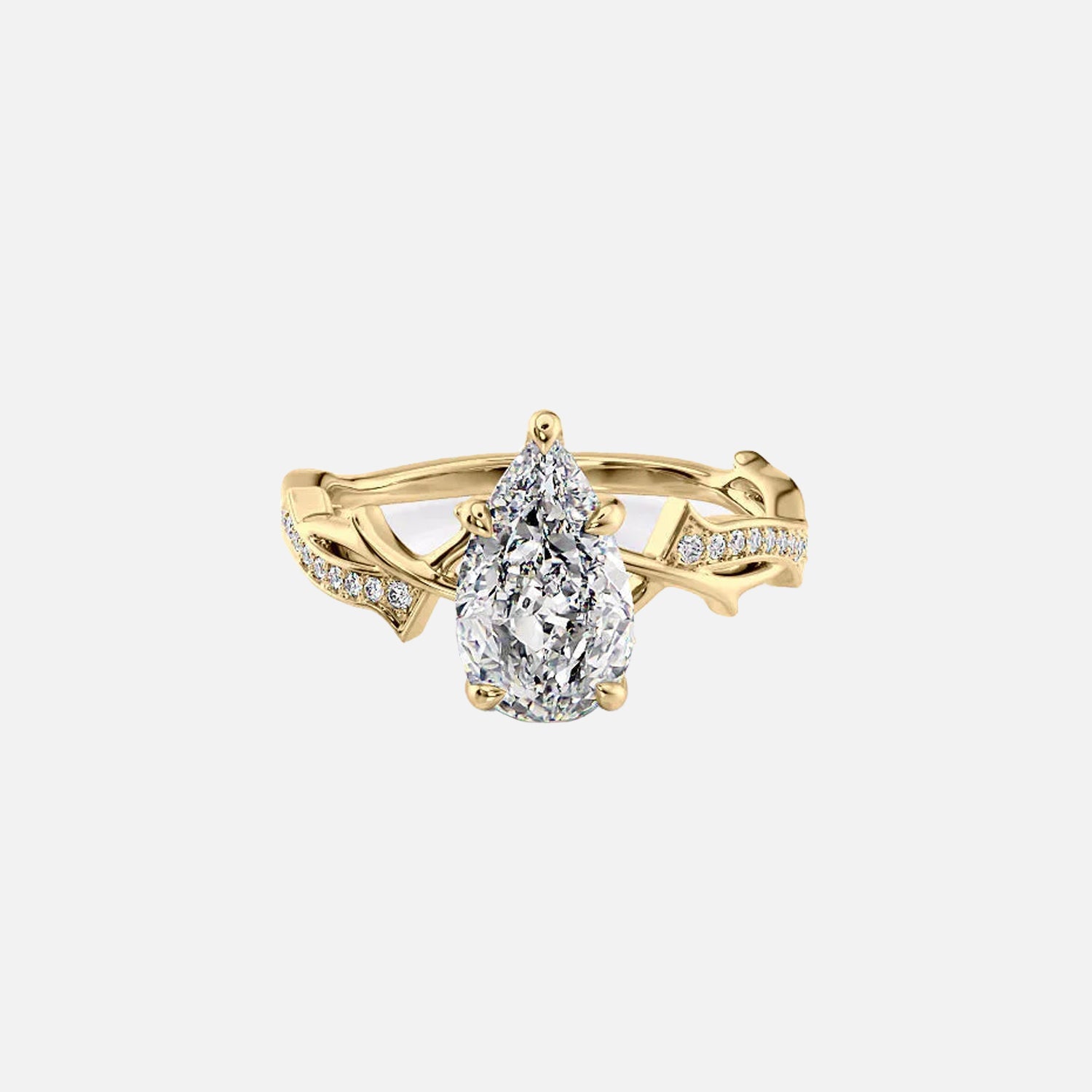 The Pave Twig Pear Moissanite Ring 14k Yellow Gold 001