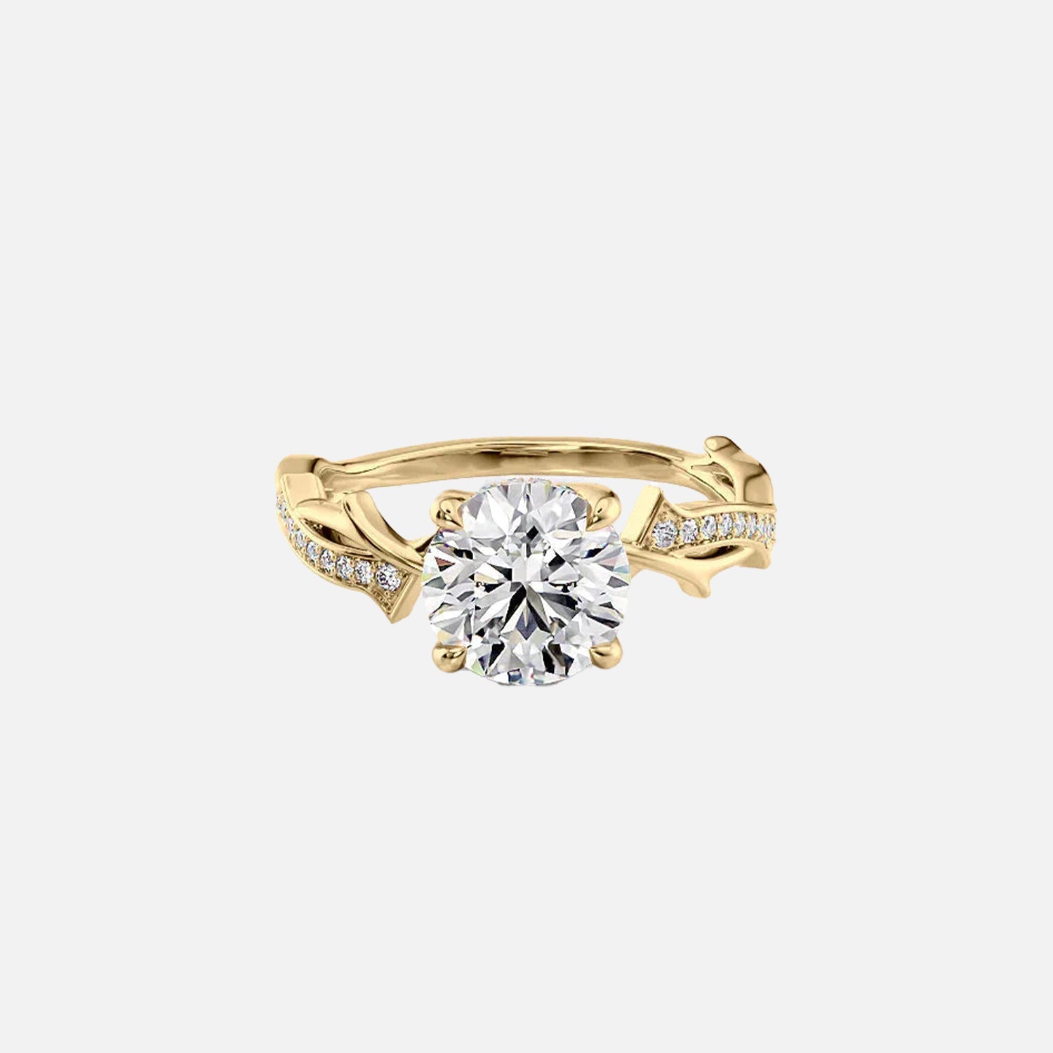 The Pave Twig Round Moissanite Ring 14k Yellow Gold 001