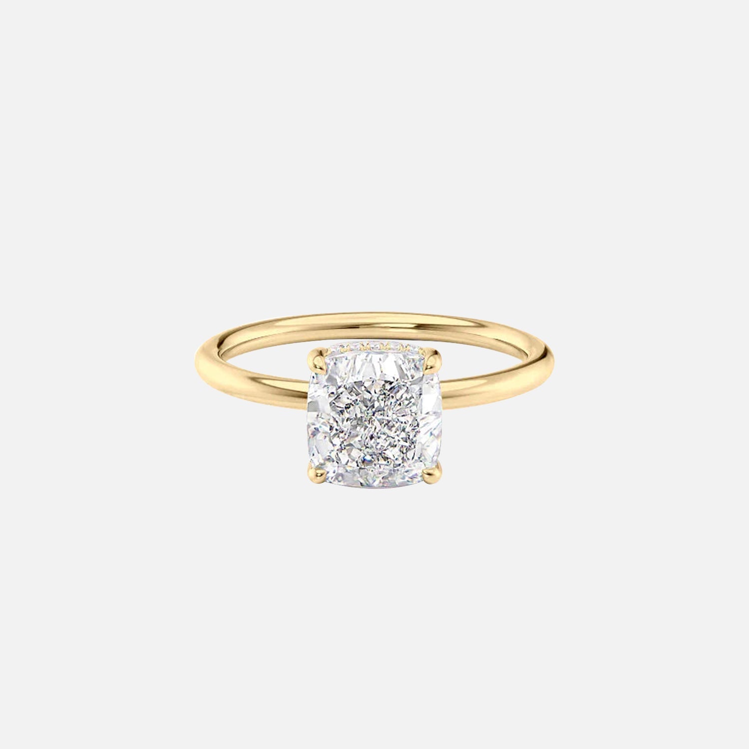 The Solitaire Low Profile Kamellie Cushion Moissanite Ring 14k Yellow Gold 001