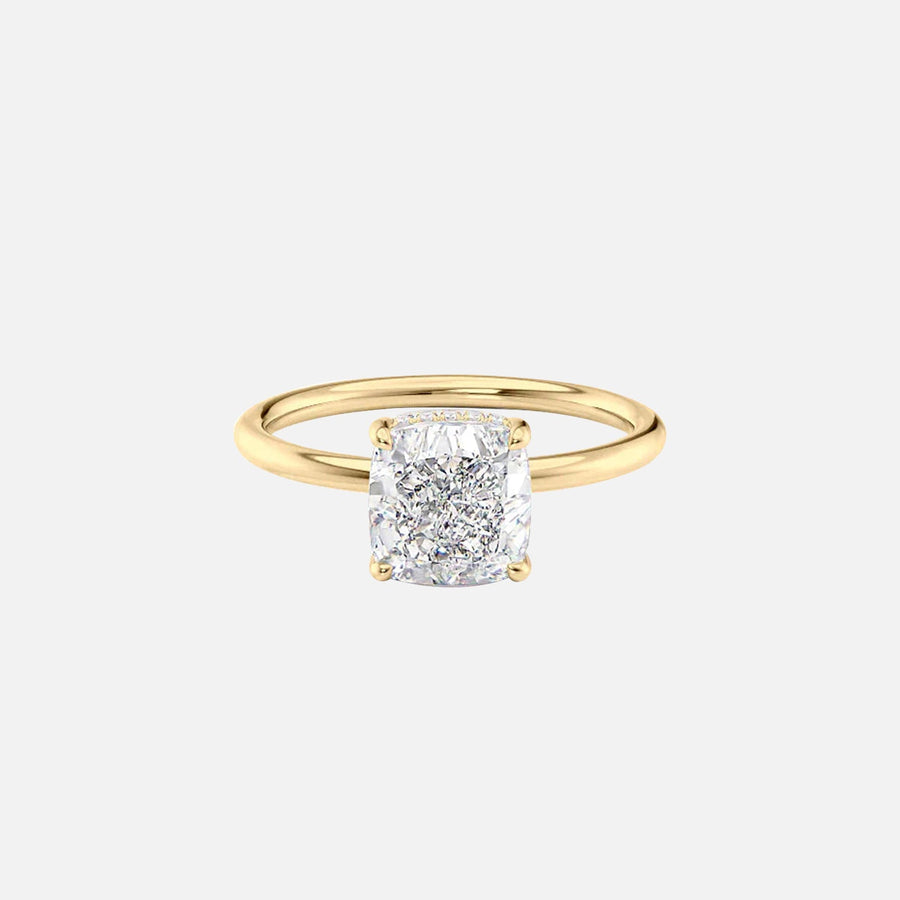 The Solitaire Low Profile Kamellie Cushion Moissanite Ring 14k Yellow Gold 001