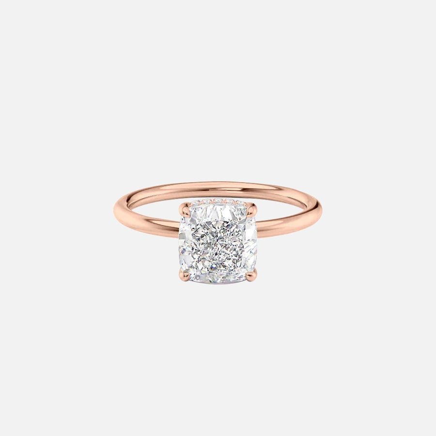  The Solitaire Low Profile Kamellie Cushion Moissanite Ring 18k Rose Gold 001