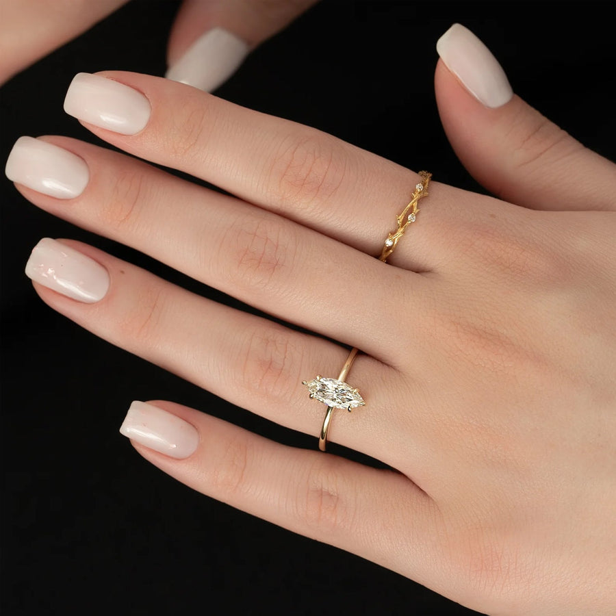  The Solitaire Low Profile Kamellie Marquise Moissanite Ring 14k Yellow Gold 003
