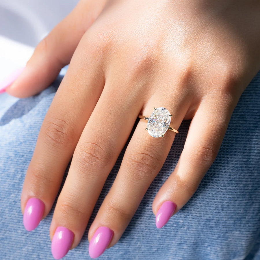  The Solitaire Low Profile Kamellie Oval Moissanite Ring 14k Yellow Gold 004