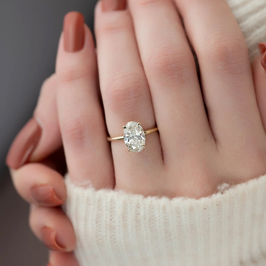 The Solitaire Low Profile Kamellie Oval Moissanite Ring 14k Yellow Gold 005