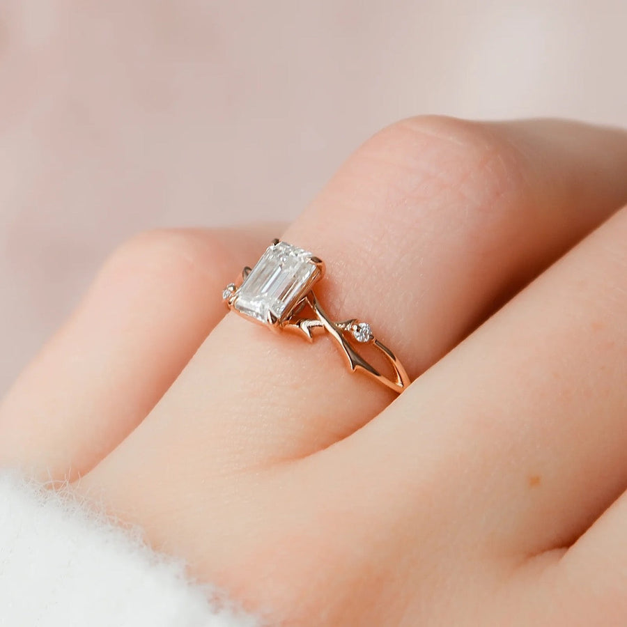  The Textured Twig Textured Emerald Moissanite Ring 14k Rose Gold 004 Final