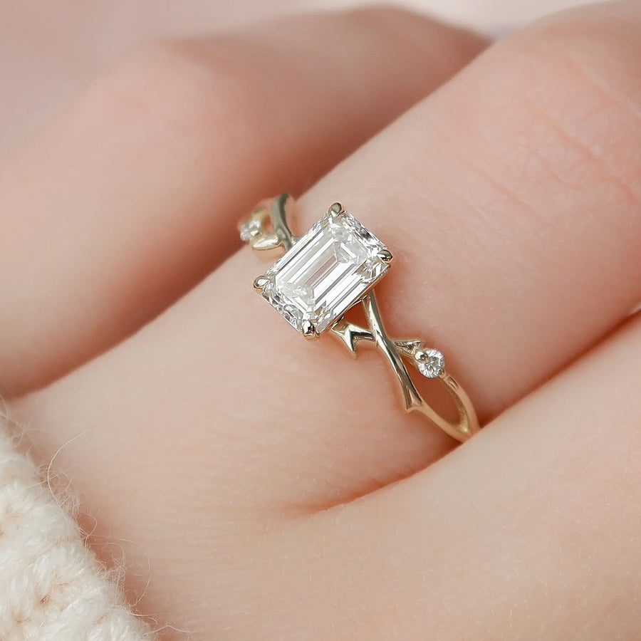  The Textured Twig Textured Emerald Moissanite Ring 18k Yellow Gold 004 Final