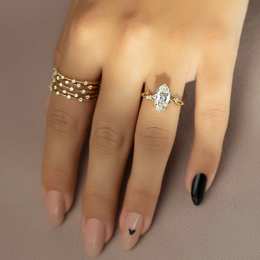  The Textured Twig Textured Marquise Moissanite Ring 14k Yellow Gold 003