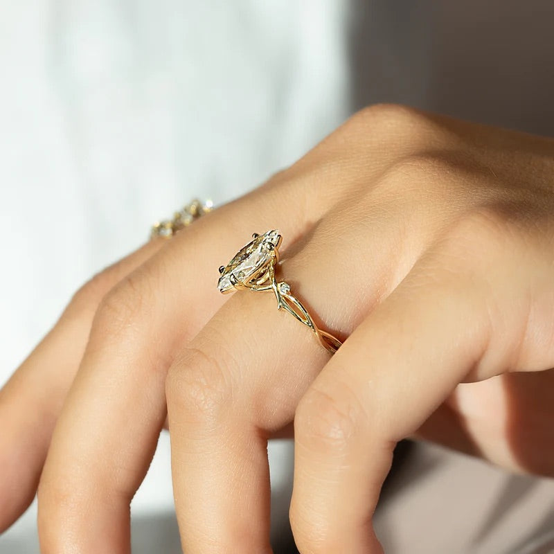  The Textured Twig Textured Marquise Moissanite Ring 14k Yellow Gold 004