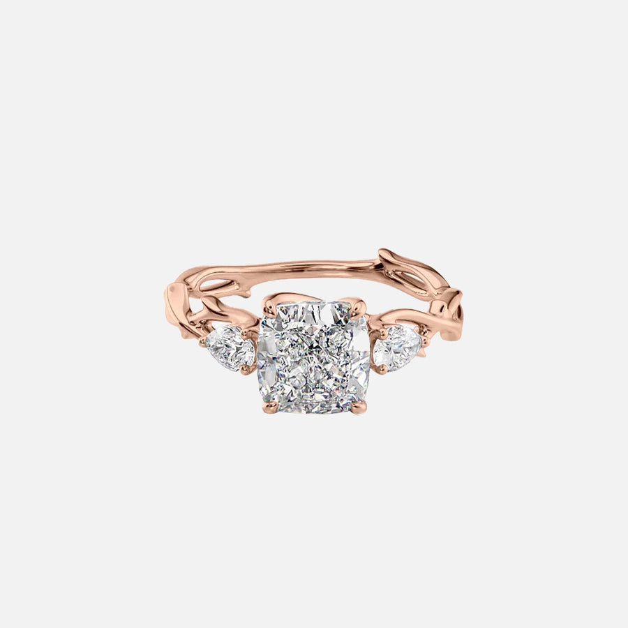  The Three Stone Twig Cushion Lab Diamond Ring 14k Rose Gold 001