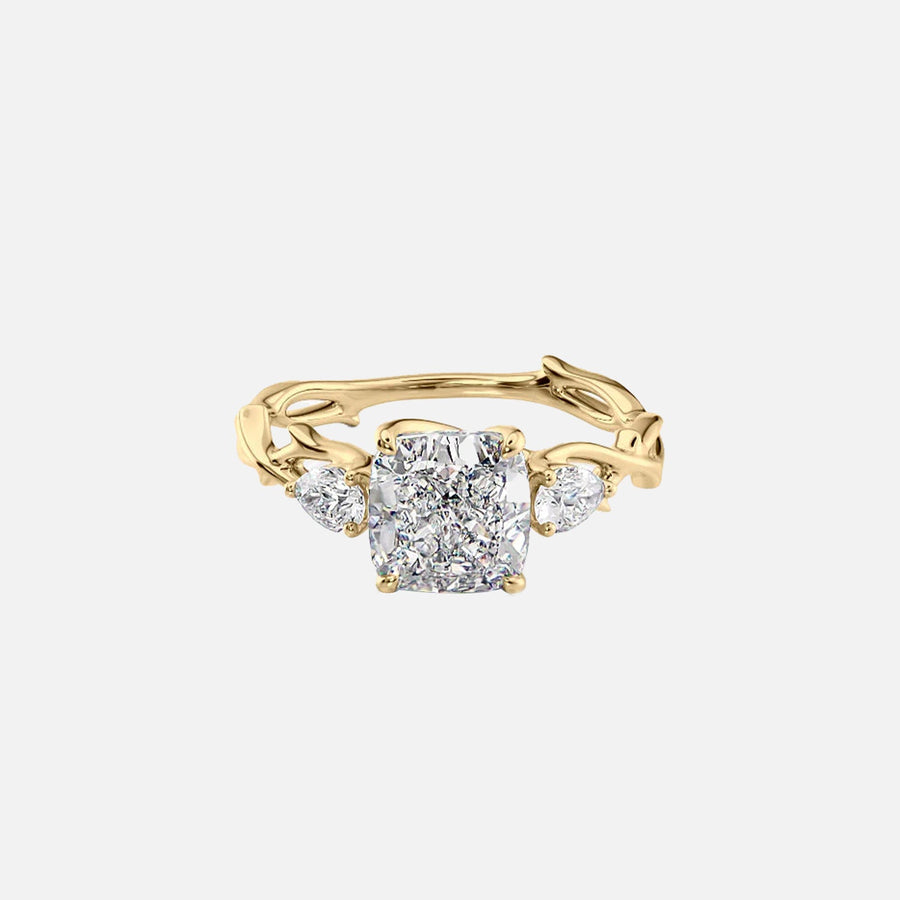 The Three Stone Twig Cushion Lab Diamond Ring 14k Yellow Gold 001