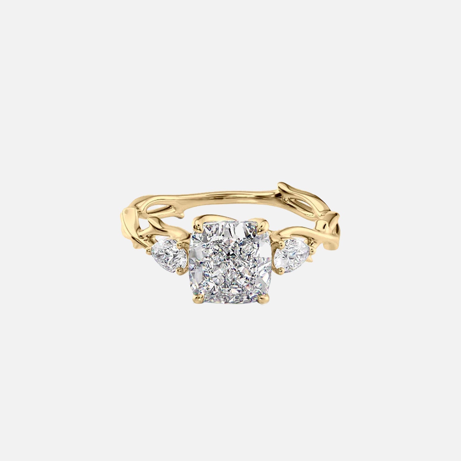 The Three Stone Twig Cushion Moissanite Ring 14k Yellow Gold 001