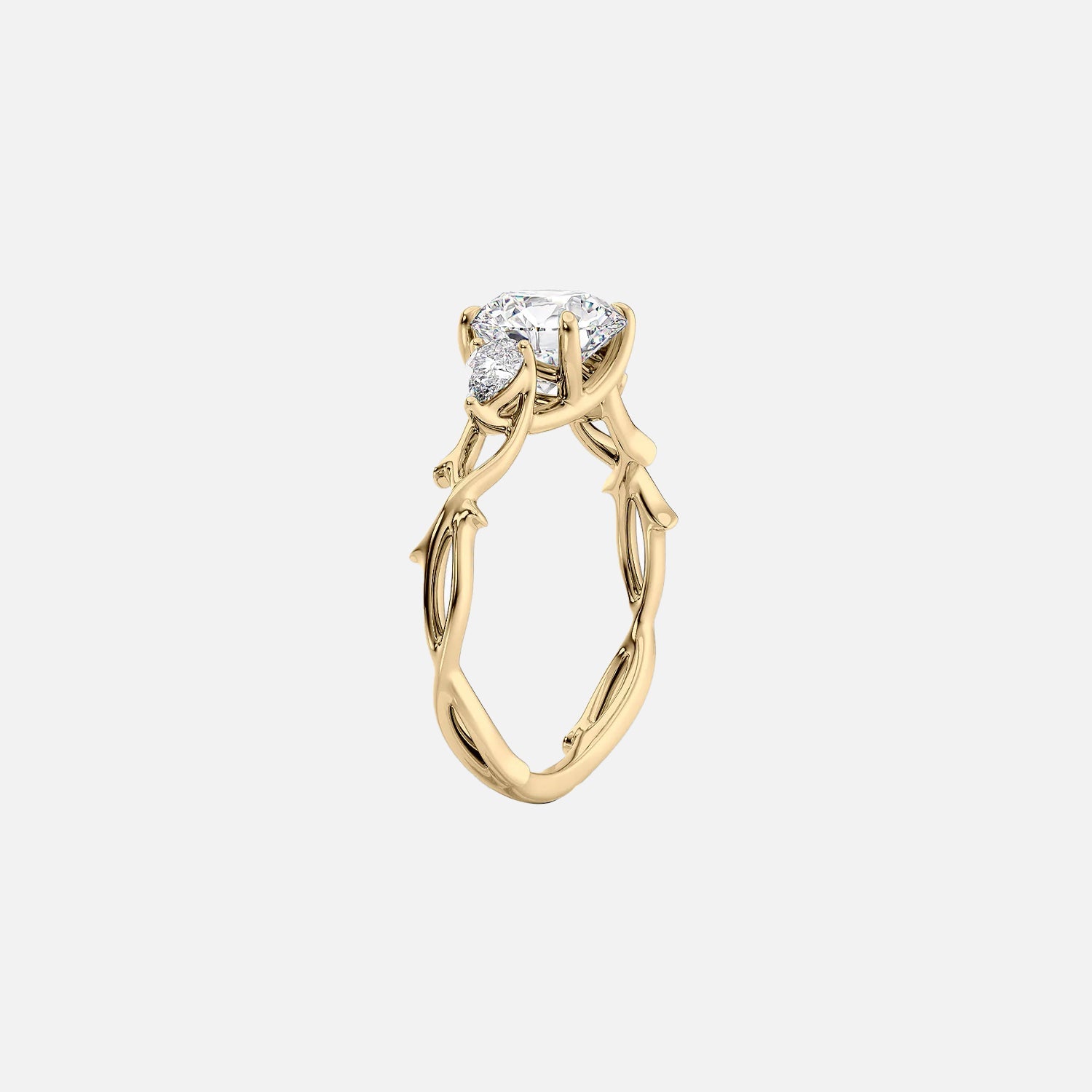  The Three Stone Twig Cushion Moissanite Ring 14k Yellow Gold 002