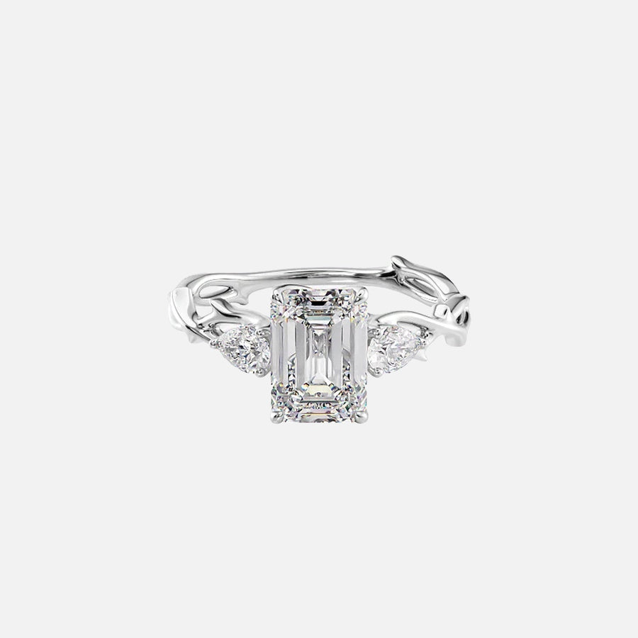  The Three Stone Twig Emerald Lab Diamond Ring 14k White Gold 001
