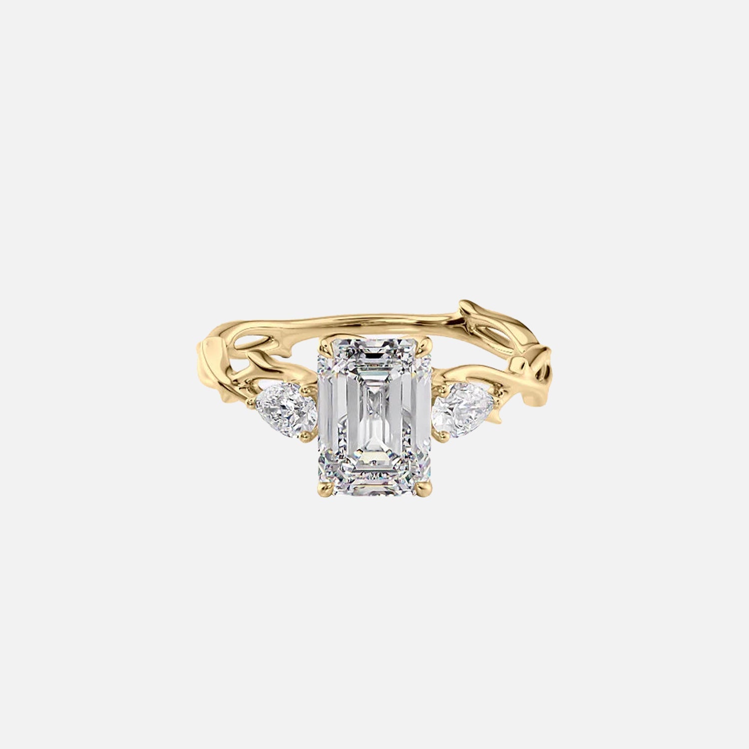 The Three Stone Twig Emerald Lab Diamond Ring 14k Yellow Gold 001