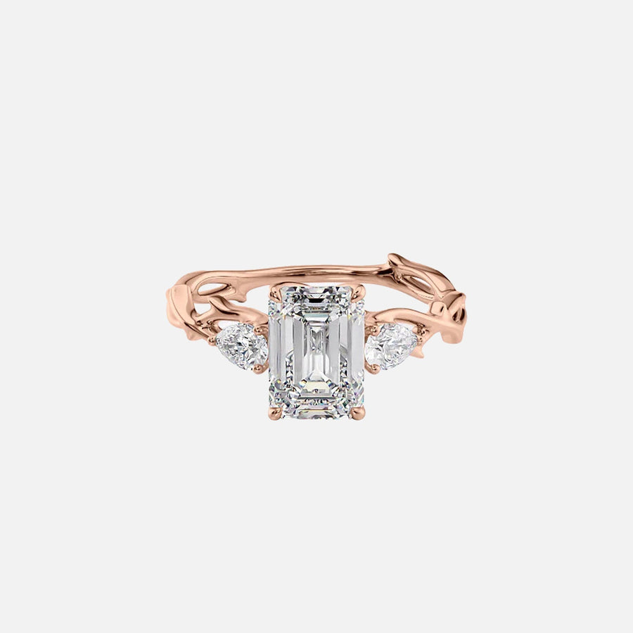  The Three Stone Twig Emerald Moissanite Ring 14k Rose Gold 001