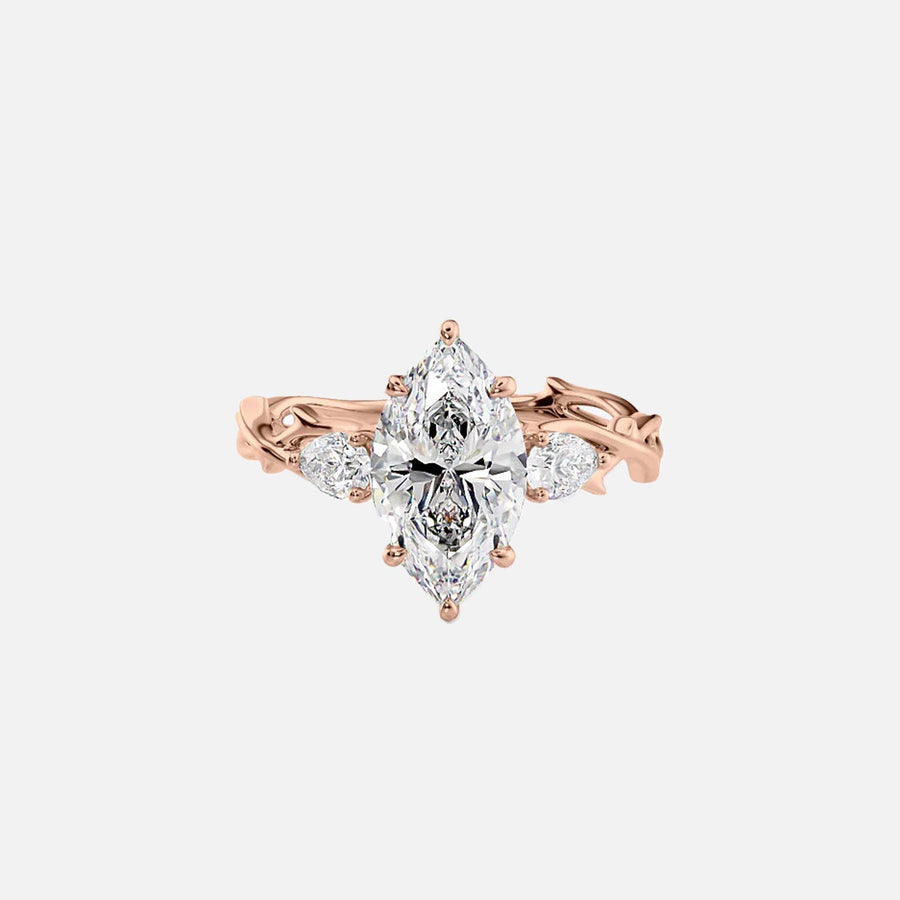  The Three Stone Twig Marquise Lab Diamond Ring 14k Rose Gold 001