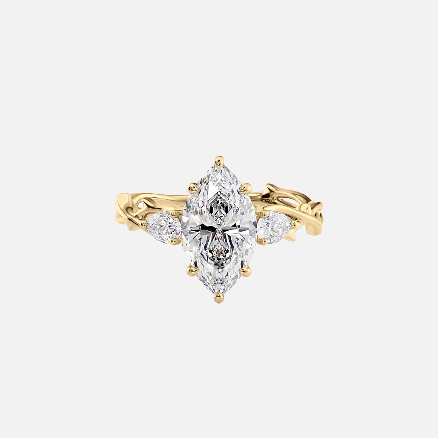 The Three Stone Twig Marquise Lab Diamond Ring 14k Yellow Gold 001
