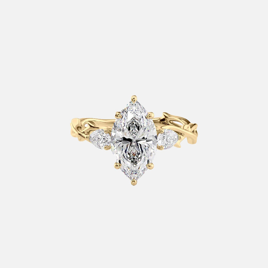  The Three Stone Twig Marquise Lab Diamond Ring 18k Yellow Gold 001
