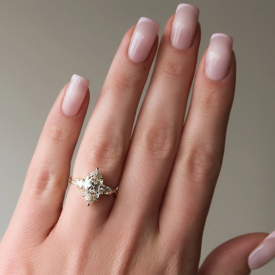  The Three Stone Twig Marquise Lab Diamond Ring 18k Yellow Gold 003