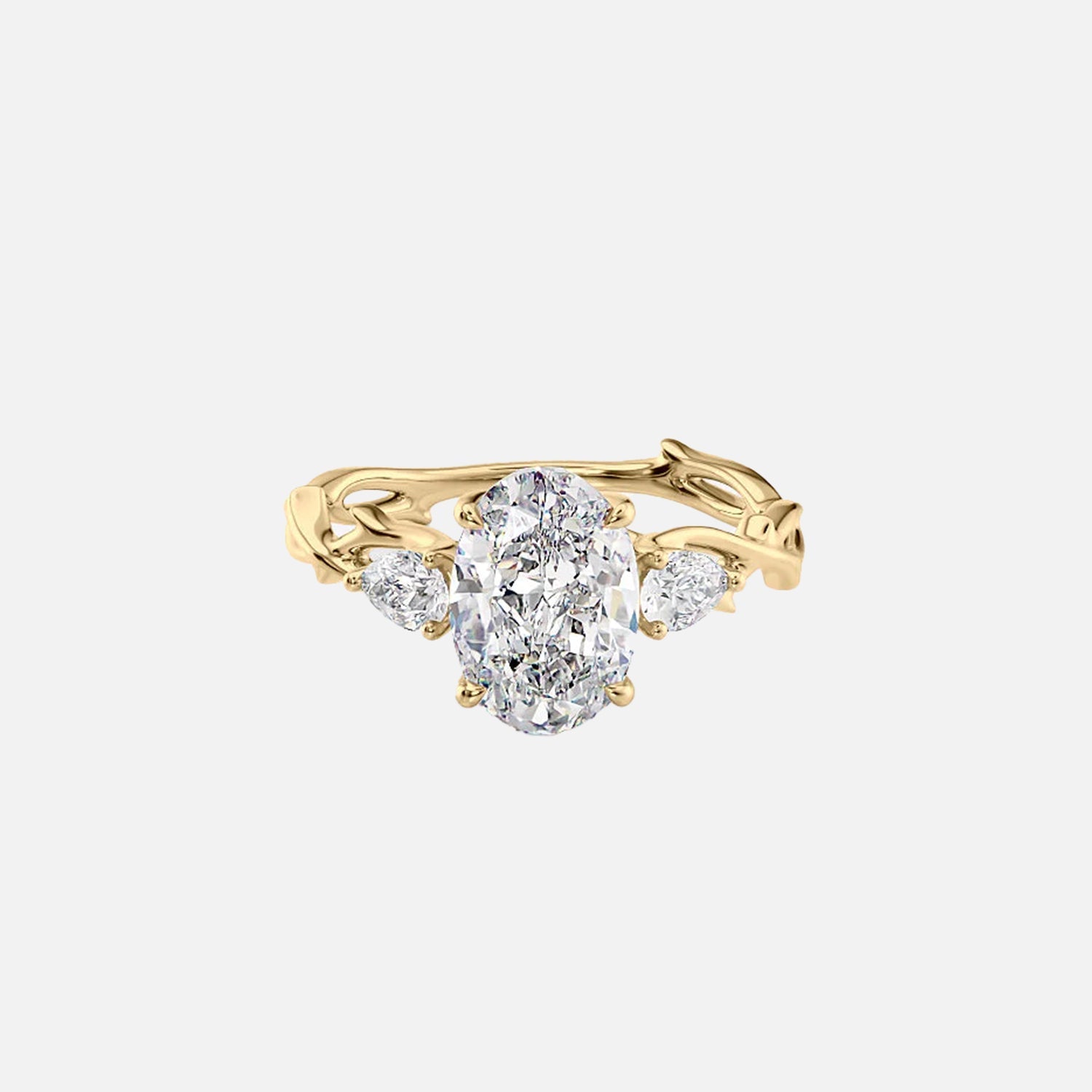 The Three Stone Twig Oval Lab Diamond Ring 14k Yellow Gold 001