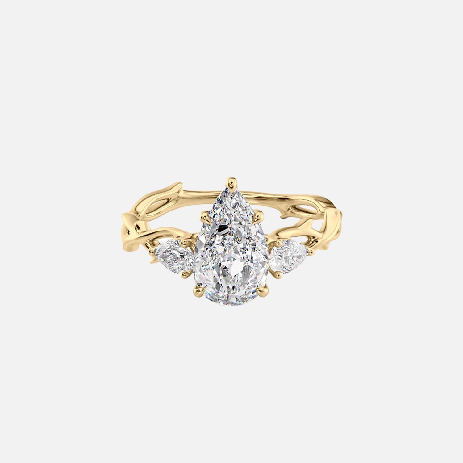 The Three Stone Twig Pear Lab Diamond Ring 14k Yellow Gold 001