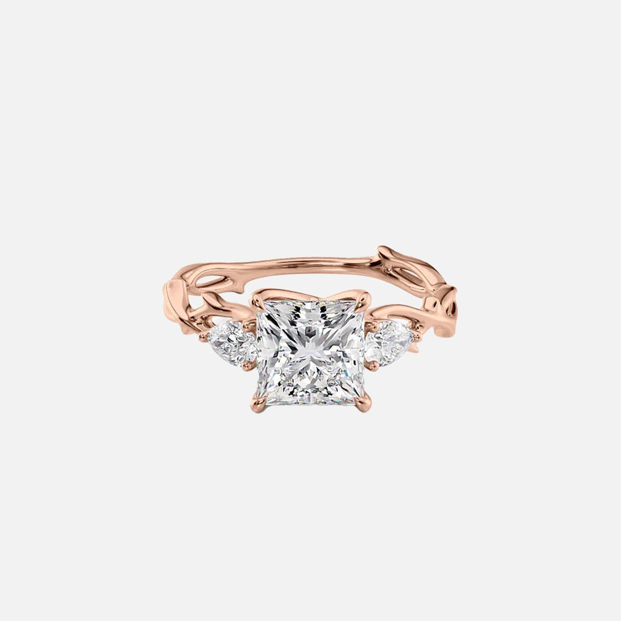  The Three Stone Twig Princess Lab Diamond Ring 14k Rose Gold 001