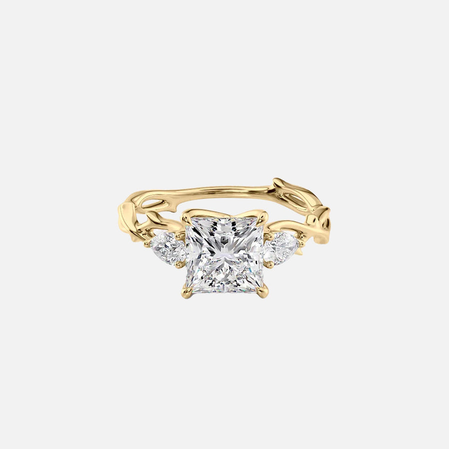 The Three Stone Twig Princess Lab Diamond Ring 14k Yellow Gold 001