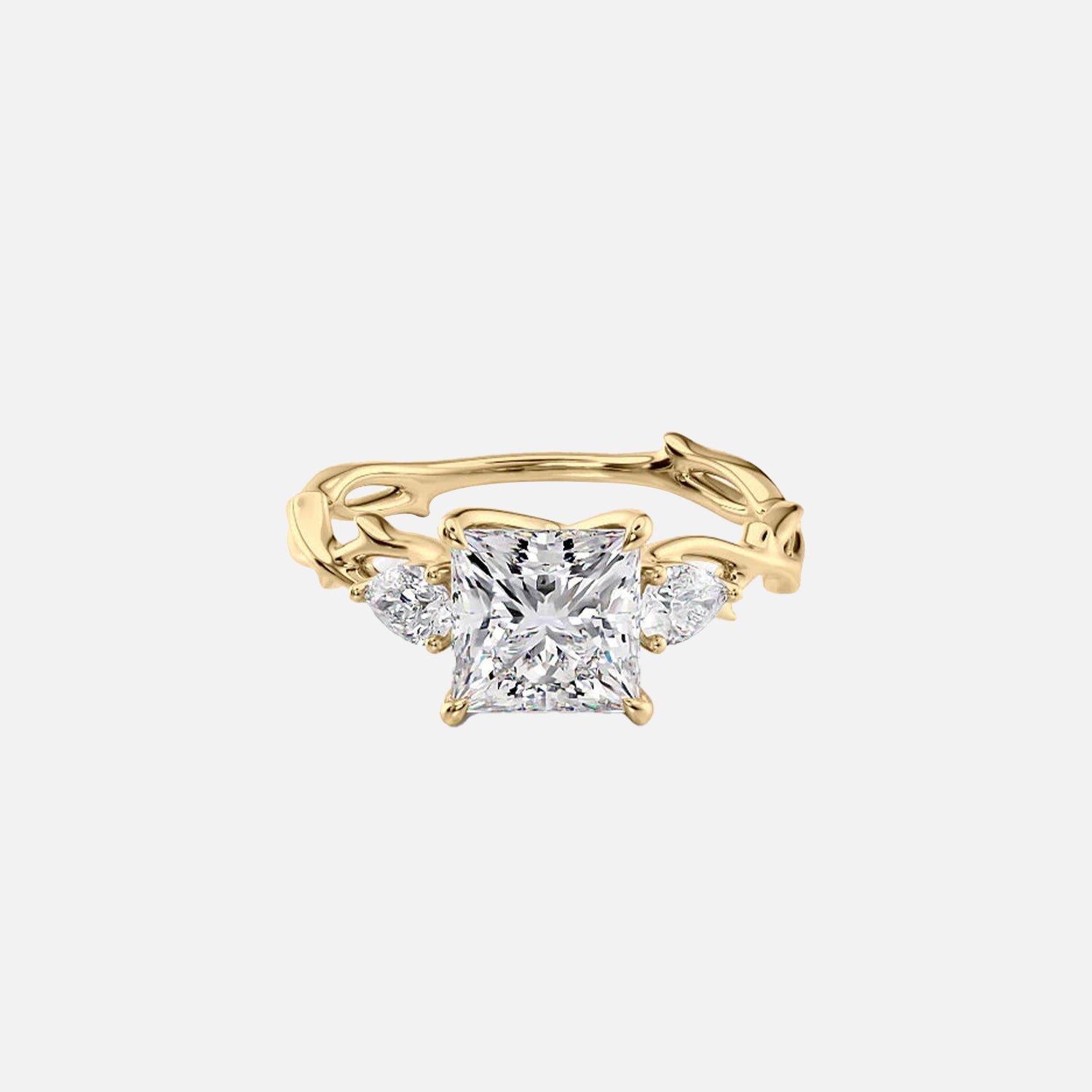 The Three Stone Twig Princess Moissanite Ring 14k Yellow Gold 001